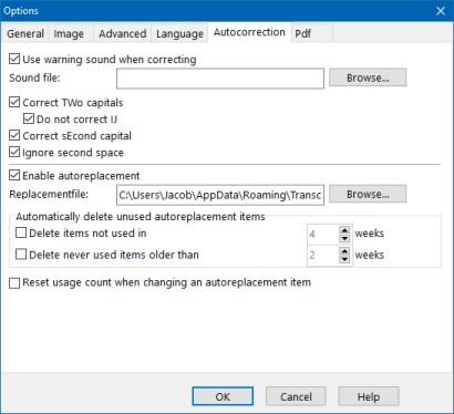 Screenshot Transcript autocorrection options (click to enlarge)