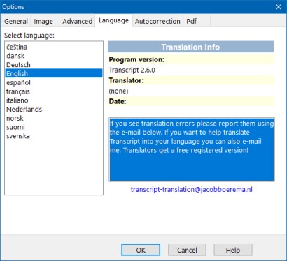 Screenshot Transcript language selection (click to enlarge)