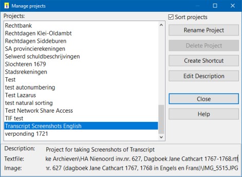 Screenshot Transcript project management dialog (click to enlarge)