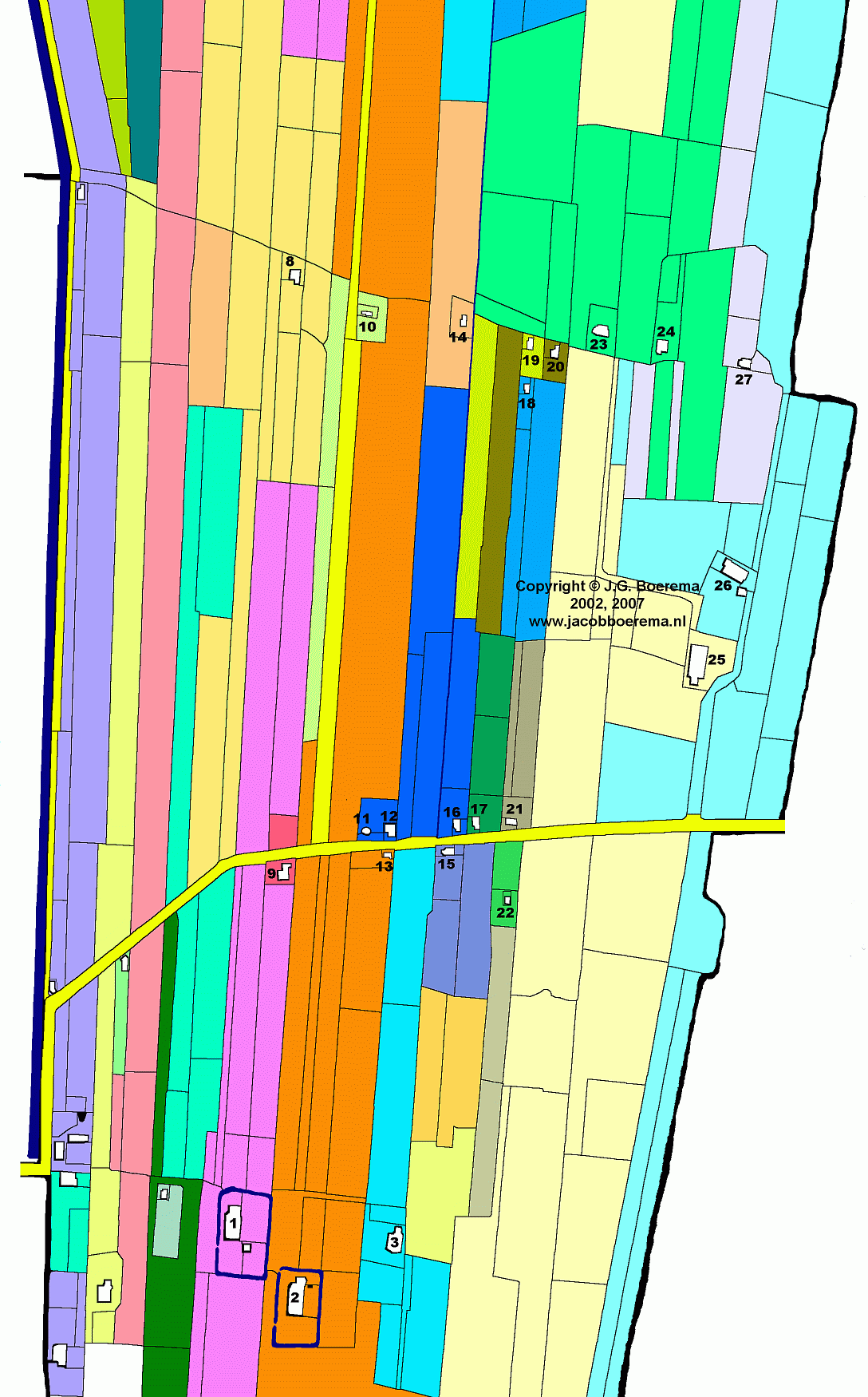 Ingekleurde kaart van Schildwolde sectie D omstreeks 1832 met de nummering van de huizen