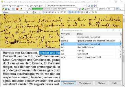 Schermvoorbeeld Transcript Autovervangen dialoog (klik om te vergroten)