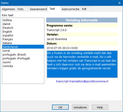 Schermvoorbeeld Transcript taal selectie (klik om te vergroten)