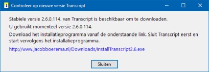 Schermvoorbeeld Transcript controleren op beschikbaarheid nieuwe versie (klik om te vergroten)